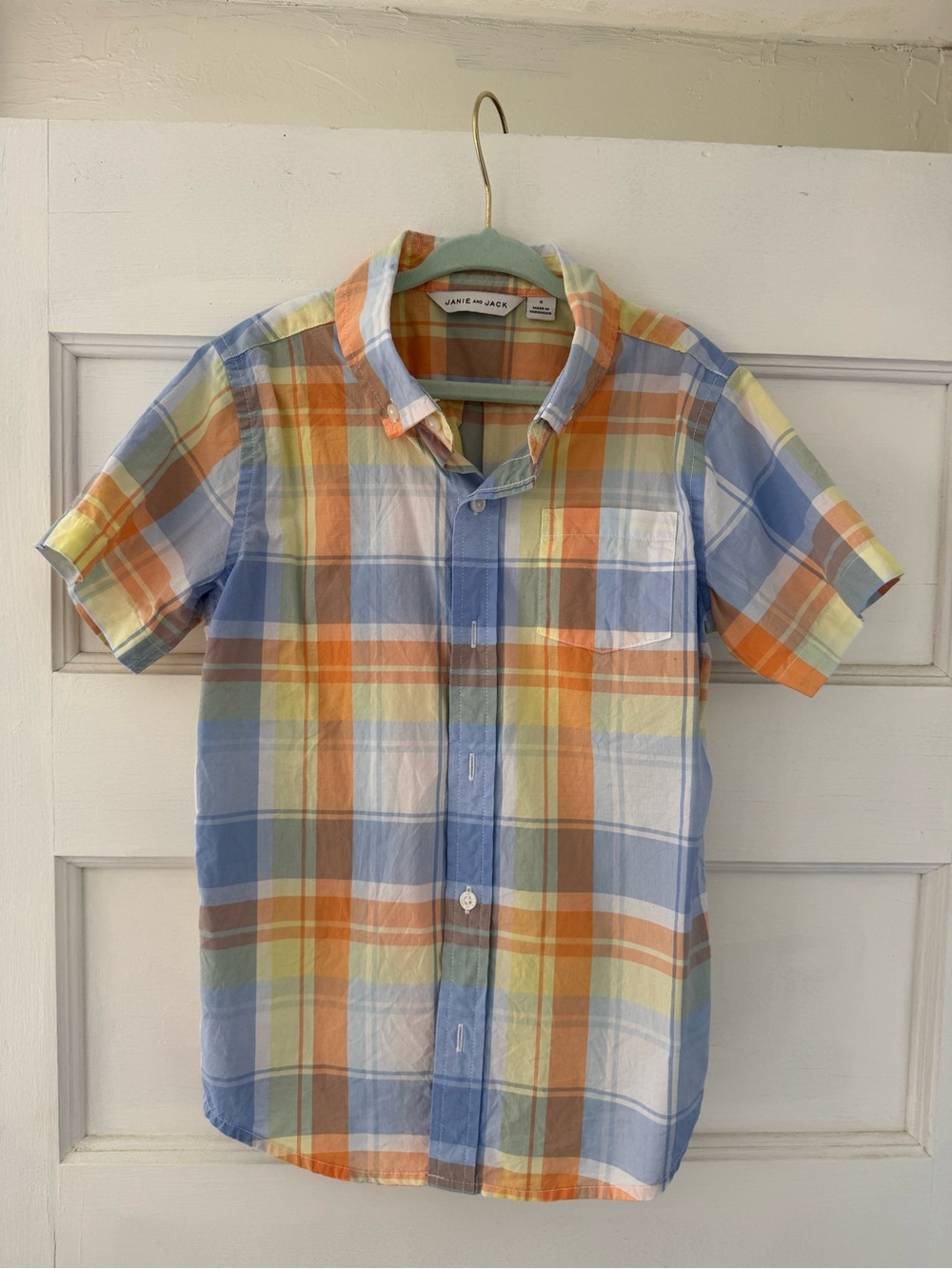 Janie and Jack Short-Sleeve Plaid Button-Down in Blue, Orange & Yellow